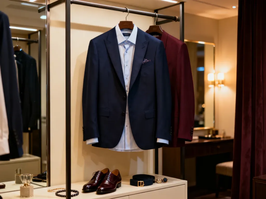 Eleganckie propozycje stylizacji na spotkanie klasowe: marynarka, koszula i dodatki w odcieniach granatu, kremu i bordo.