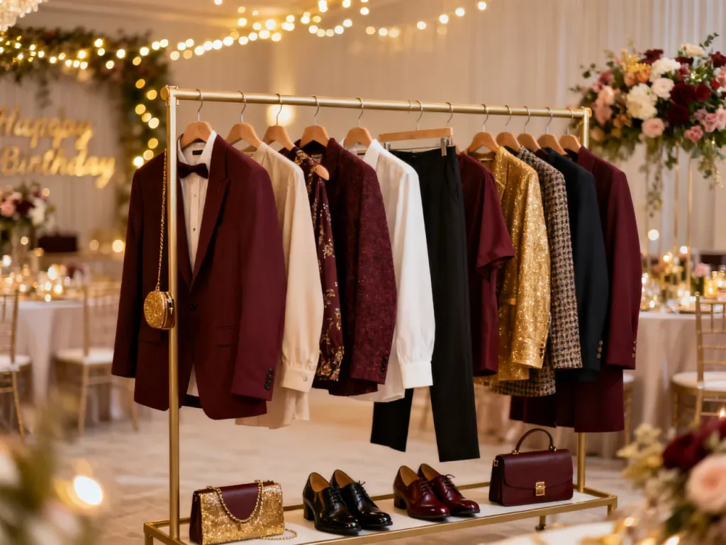 Eleganckie stylizacje smart-casual na wieszaku w tle sali bankietowej, idealne na świętowanie 40. urodzin.