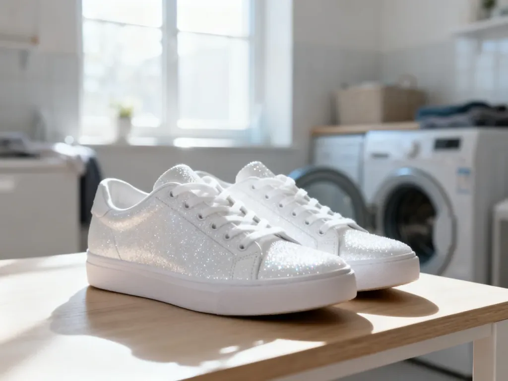 Czyste, białe sneakersy stojące na drewnianym blacie w jasnym, słonecznym wnętrzu.