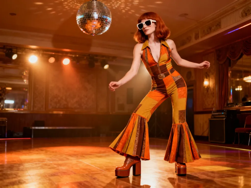 Kobieta w kolorowym stroju z dzwonami i okularach przeciwsłonecznych na parkiecie w stylu disco lat 70.