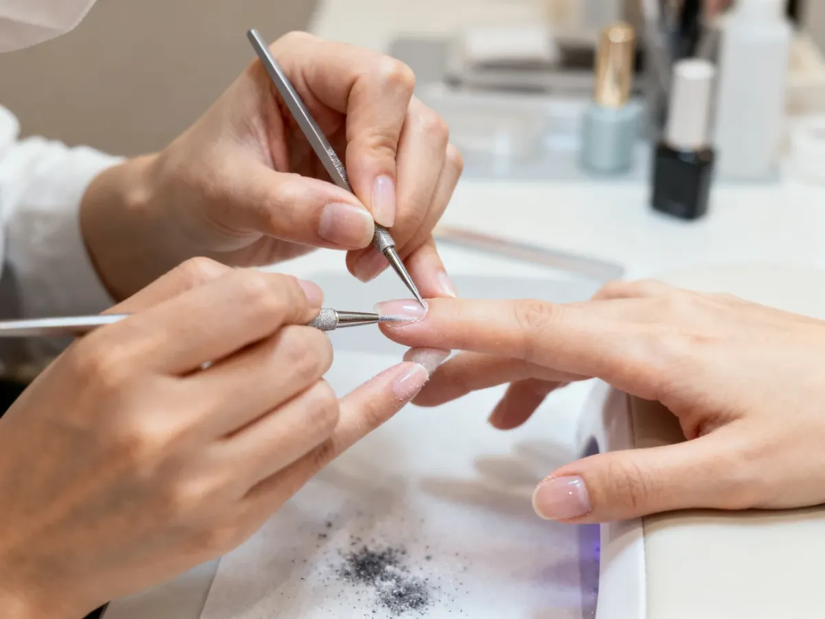 Stylistka dokładnie przygotowująca płytkę paznokcia przed manicure hybrydowym