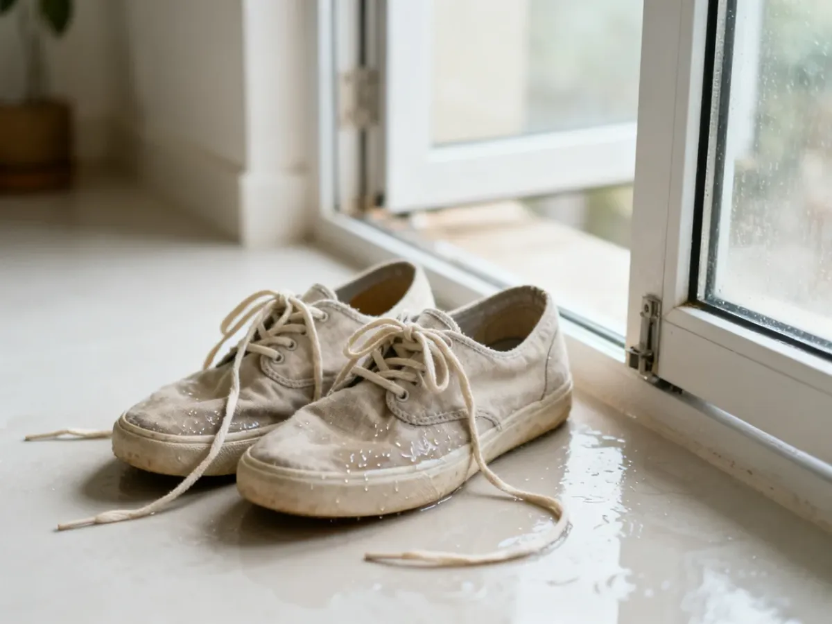 Buty z wyjętymi wkładkami suszące się w przewiewnym miejscu