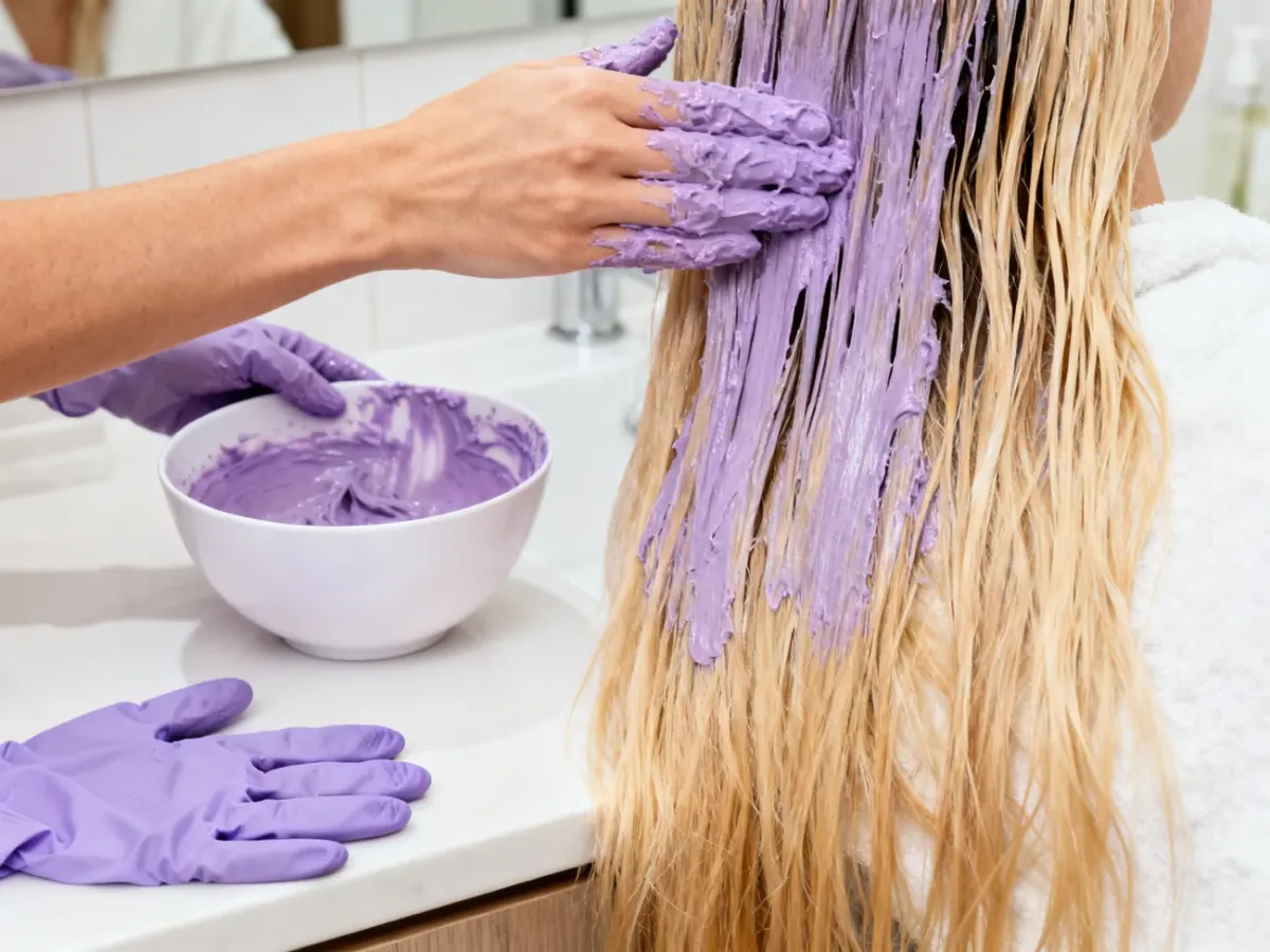 Applying a purple toning product to blonde hair