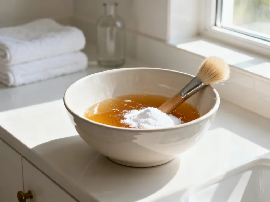 Ceramiczna miseczka z domową mieszanką miodu i sody do rozjaśniania włosów, przygotowana do zabiegu w łazience.