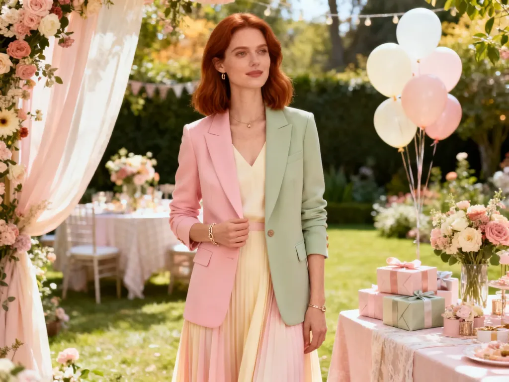 Elegancka kobieta w pastelowej sukience i marynarce na tle przyjęcia baby shower w ogrodzie.