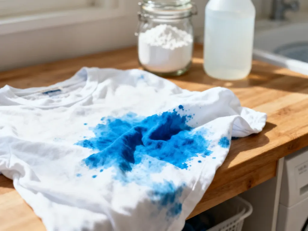 Biała tkanina z niebieskimi plamami od farbowania leżąca na drewnianym blacie obok sody i octu.