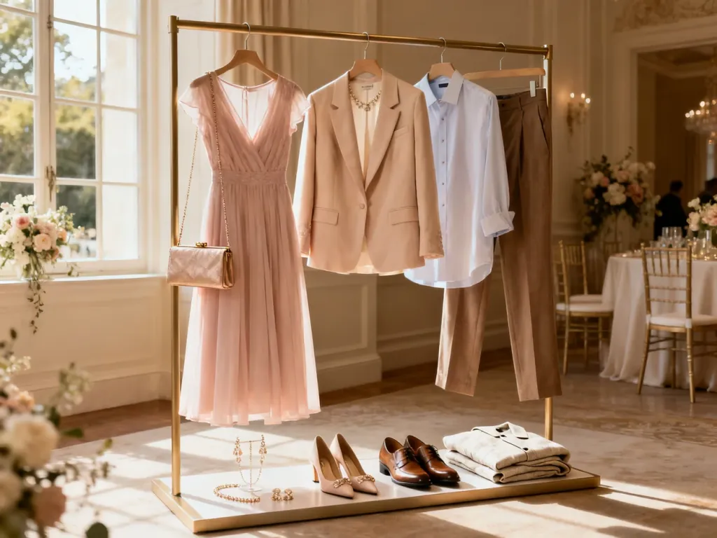 Eleganckie propozycje stylizacji na poprawiny: pastelowa sukienka z dodatkami oraz zestaw smart casual dla mężczyzny.