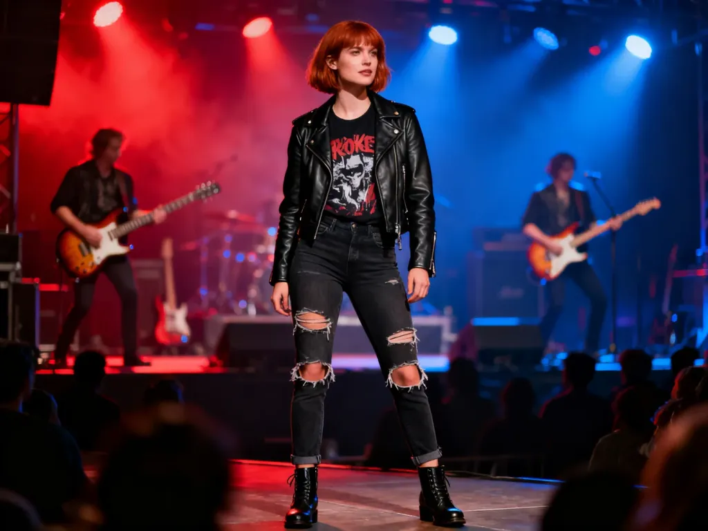 Kobieta w skórzanej kurtce i podartych jeansach na tle koncertowej sceny, prezentująca stylizację na koncert rockowy.