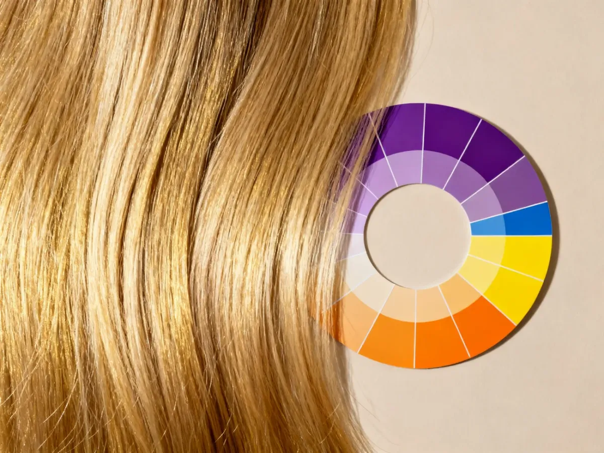 Blonde hair and a color wheel illustrating pigment neutralization