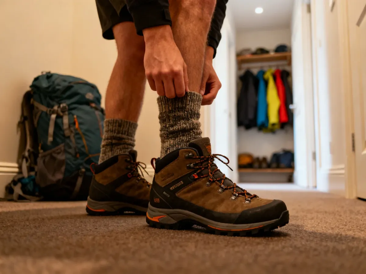 Osoba przymierzająca nowe buty trekkingowe w grubych skarpetach
