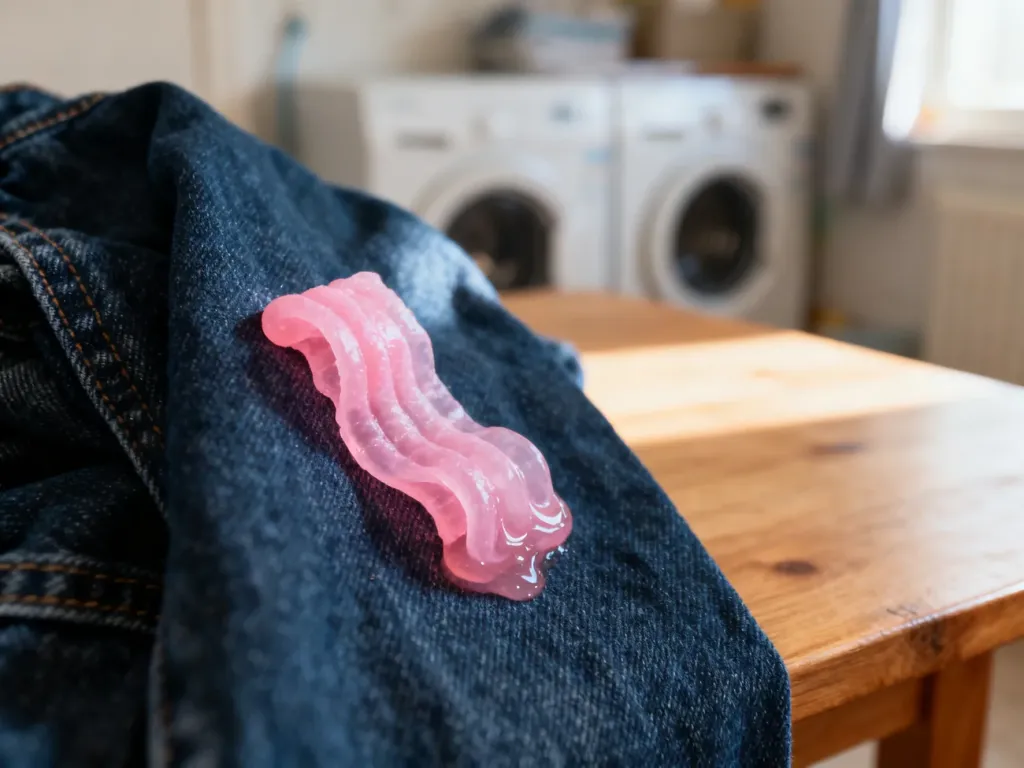 Różowa guma do żucia przyklejona do ciemnoniebieskiej tkaniny dżinsowej. Zbliżenie ukazujące lepką konsystencję gumy.