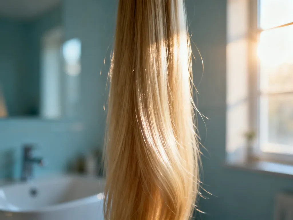 Zdrowe i lśniące pasma blond włosów po profesjonalnej pielęgnacji, prezentujące efekt nawilżenia i wygładzenia.