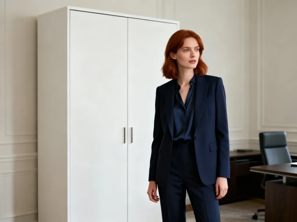 Elegancka kobieta w granatowej marynarce wybiera profesjonalny strój do pracy, pasujący do formalnych spotkań.