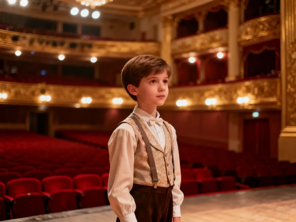 Elegancko ubrane dziecko wewnątrz klasycznej sali teatralnej z czerwonymi fotelami i złotymi zdobieniami.
