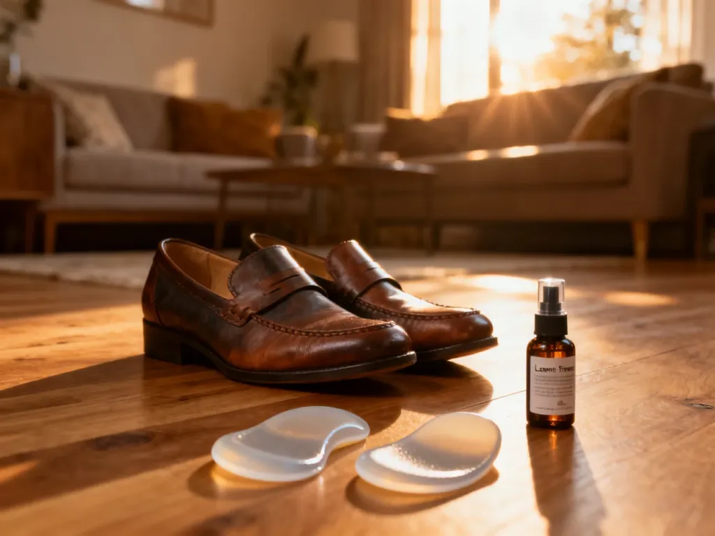 Skórzane buty na drewnianej podłodze oraz żelowe wkładki i spray do rozciągania obuwia jako sposób na obcierające pięty.