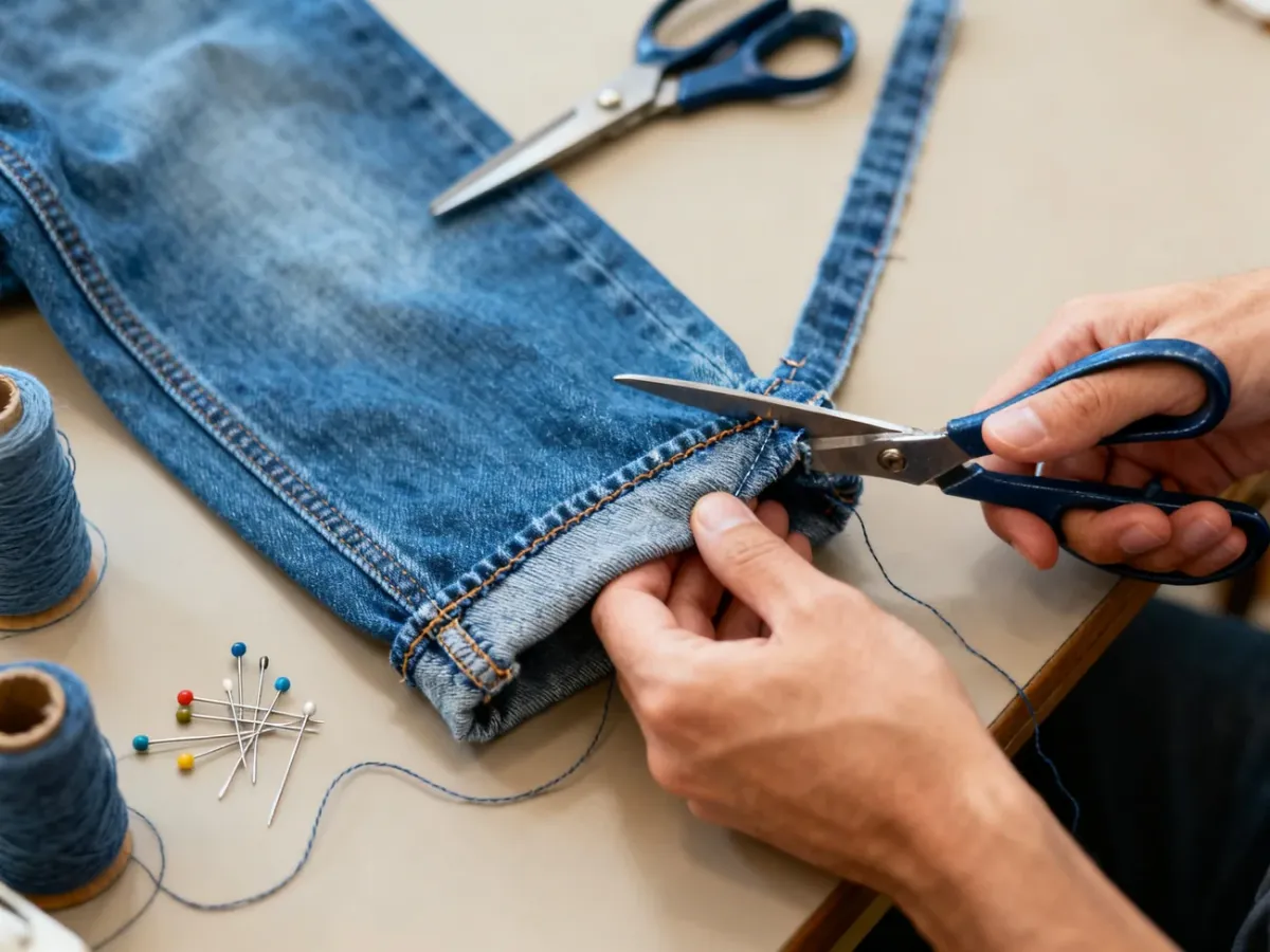 Przyszywanie oryginalnego brzegu do skróconych jeansów