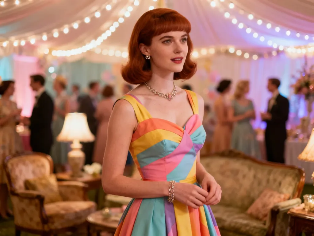 Kobieta w kolorowej sukience w stylu lat 50. na imprezie retro. Stylizacja nawiązująca do mody vintage.