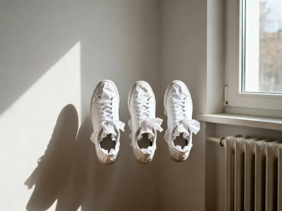 Białe sneakersy suszące się w cieniu z papierem wewnątrz