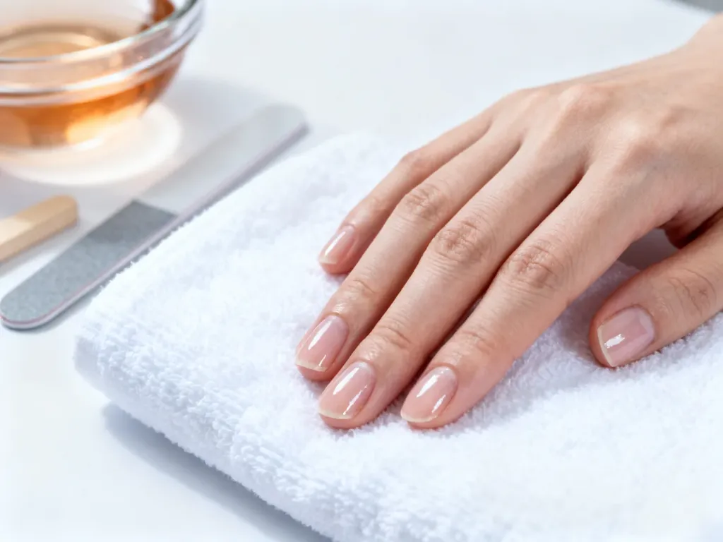 Zadbane, naturalne paznokcie na tle akcesoriów do manicure, podkreślające efekt zdrowej i wypielęgnowanej płytki.